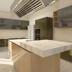 This is a 3D render for a large 12 by 23 feet kitchen. The design includes a spacious island with a marble-finish countertop, olive green high-gloss cabinets, and integrated appliances.