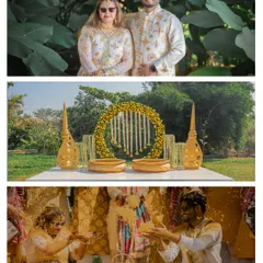 A triptych of a Haldi ceremony, from the couple's portrait before to the fun-filled moments of being covered in turmeric.