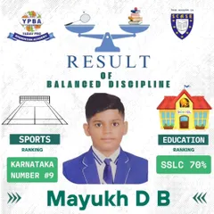 Celebrating Mayukh D B's dual achievement. He is ranked #9 in Karnataka for his age group and successfully cleared his SSLC exams with 70%, demonstrating the effectiveness of our student-athlete program.
