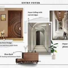 The entry foyer sets the tone for the entire home. This mood board visualizes a main door with a CNC cut design, a foyer with curved ceilings and photo frames, and a practical shoe rack with seating.