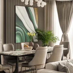 A dining room is where stories are shared. I styled this space to feel both elegant and inviting, using a mix of natural greens, rich marble, and modern lighting to create an atmosphere for memorable meals.