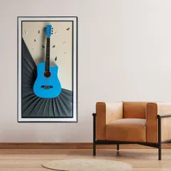 For music lovers, this pop art shadow box features a bright blue guitar set against a textured, fan-like background with floating musical notes. The 3D design makes it a dynamic and fun piece of wall decor.