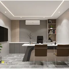 Following the reception is the private workspace. This 3D render shows a director's cabin designed for focus, using a neutral color palette, integrated storage, and subtle cove lighting for a sophisticated and calm environment.