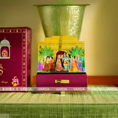 This boxed wedding invitation showcases a vibrant, multi-layered 3D artwork depicting a holy ceremony. The rich colors and intricate details make it a cherished memento for your guests.