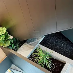 A detail of a contemporary villa lobby, where a curated planter box introduces a biophilic element. The design juxtaposes the clean lines of the architecture with the organic forms of the plants, reinforcing the connection between nature and design.