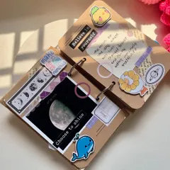 A peek inside one of my handmade scrapbooks. This page has a celestial theme, with a moon photo, space-themed washi tape, and a reminder to "Believe in yourself". Every page is fully customizable.