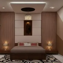 This bedroom design uses vertical fluted panels and a neutral color palette to create a sense of height and tranquility. The false ceiling with a statement pendant light adds a touch of elegance.