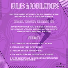 Here are the rules for the Beta Battle. It's simple: climb individually, update your points, and submit your scoresheet after each session. It's a great way to track your progress on our newest routes.