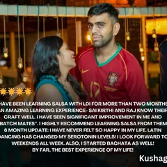 "I have never felt so happy in my life." Kushagra's review is a testament to the power of Latin dancing. We love hearing that our classes have become the best part of our students' week.
