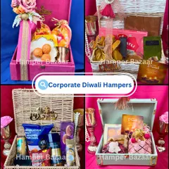 Our corporate Diwali hampers are designed to impress your clients and employees. This collage shows a variety of options, from elegant pink boxes with laddoos to rustic baskets filled with snacks and goodies.