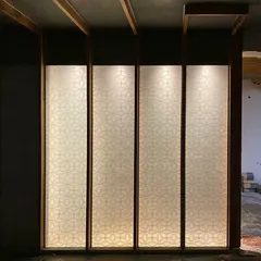 A prototype of the backlit Chikankari panels for the Lucknow penthouse. This test allowed us to study the quality of light and the visibility of the embossed pattern before final installation, ensuring the desired atmospheric effect.