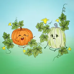 A whimsical digital illustration I created for a client's storybook. The scene features a happy pumpkin and a sad pumpkin, designed with expressive faces and leafy vines to bring the characters and their emotions to life.