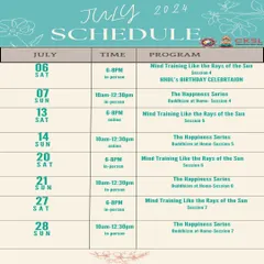 The complete program schedule for July 2024. This calendar outlines all in-person and online sessions for our "Mind Training" and "Happiness" series, as well as a special celebration for His Holiness the Dalai Lama's birthday.