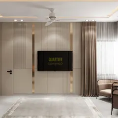 For this master bedroom, I designed a minimalist TV wall with grooved paneling and gold strip detailing. The door is flush-mounted within the paneling to maintain a clean, uninterrupted visual line, showcasing my attention to seamless integration.