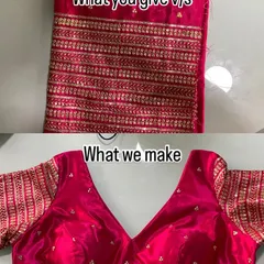 Another transformation. We took a heavily sequenced saree piece and turned it into a perfectly fitted, padded V-neck blouse, using the border for the sleeves.