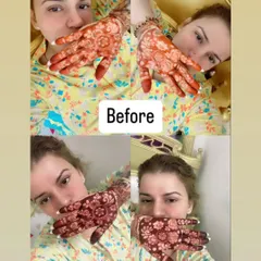 A before and after collage from a happy client. You can see the journey from the fresh henna paste to the final, beautiful dark stain.