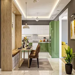 A cozy and clever dining nook integrated with the kitchen. The built-in bench seating is a great space-saver, and the design flows seamlessly into the fresh green and white kitchen.