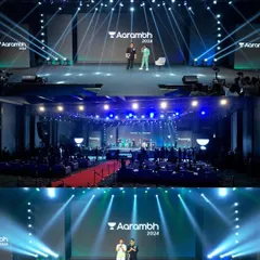 A collage of indoor shots from the Unacademy Aarambh 2024 corporate event. These images display the professional stage setup, keynote speakers, and the large audience, demonstrating my ability to cover key moments of a corporate conference.