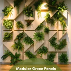 Our modular green panels offer a unique, geometric approach to wall decor. This design uses wooden blocks to create a 3D effect, with each section holding a different type of artificial plant for a varied, artistic look.