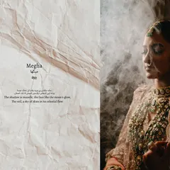 An ethereal portrait of Megha, with smoke gently veiling her. This artistic composition, combined with the poetic text, creates a moody and mysterious image that feels like a page from a vintage novel.