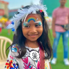 A bright, happy smile framed by a colorful rainbow and fluffy clouds. This cheerful design is perfect for kids of all ages and adds a splash of color to any party.