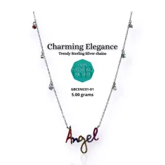 This charming 92.5 sterling silver chain features a pendant that spells "Angel" in multicolor stones. It's a cute and trendy piece, perfect for daily wear or as a thoughtful gift.