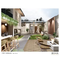 A comprehensive view of our "102 Terrace" project design, illustrating how different functional zones connect. This perspective shows the flow from the indoor space to the outdoor bar, fire pit lounge, and green areas, creating a cohesive and expansive living environment.
