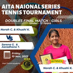 The winners of the Girls' U-12 Doubles final at the AITA National Series Tournament. We offer competitive opportunities for both boys and girls to excel in singles and doubles formats.