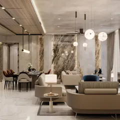 We designed this Delhi residence with distinct formal and informal living areas to suit our client's lifestyle. The space features luxurious Italian marble on the walls and floors, texture-painted surfaces, and a sleek wooden panel ceiling, all unified by sophisticated lighting to create an atmosphere of refined comfort.