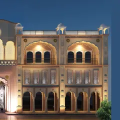 This angle on the Rakab Ganj Sahib project highlights the chhatris (pavilions) on the roofline, a classic feature of Mughal and Rajput architecture that we integrated into the design.