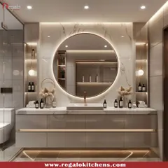 This vanity is a showstopper, featuring a backlit circular mirror against a marble wall. The floating design of the cabinet enhances the sense of space and luxury.