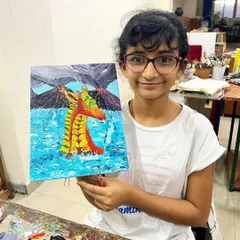 We love seeing our students' imaginations come to life! Here’s a fantastic sea dragon, painted with acrylics on canvas by one of our young artists, Manya. Our kids' classes focus on building confidence and having fun while learning real painting techniques like impasto.