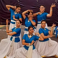 My students in their beautiful blue and white costumes for the 'Dharithri' performance, a semi-classical piece based on famous Kannada poems about nature.