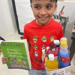 Inspired by "George's Marvellous Medicine," this student created his own props for his presentation. This combines a love for reading with hands-on creativity and public speaking.