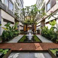 This courtyard design is all about symmetry and tranquility. I used a central water feature, stepped planters, and a striking Frangipani tree to create a formal, resort-like feel between two buildings.