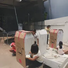 Behind the scenes of our theatre production, "You, Me, and Make Believe." The children worked hard to build and paint their own sets, learning collaboration and problem-solving along the way.