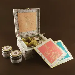 This floral printed invitation box comes with multiple card inserts for different functions and four matching jars for gifting. The entire set is coordinated, from the print on the box to the design on the cards and jar lids.