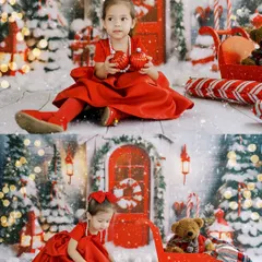 A collage of a little girl in a festive red dress, playing in a winter wonderland setup. My Christmas sessions are all about capturing the joy and wonder of the holidays.