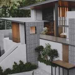 For this modern Kasauli villa by Studio VK.A, the goal was to visualize its integration with the hillside. The rendering highlights the textural contrast between the rough stone facade, smooth concrete, and warm wood, all nestled within a dense pine forest.