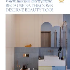 Where function meets finesse, because bathrooms deserve beauty too. This playful yet chic bathroom features a unique Lego-inspired vanity and a soothing blue and beige color scheme.