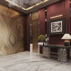 A dramatic entrance lobby visualization with deep red walls and a stunning, organically patterned feature door. The render captures the opulence of the crystal chandelier and marble console.