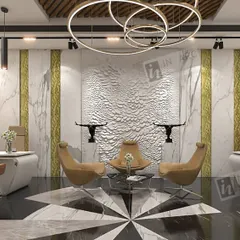 A 3D visualization of a proposed shared office space for two directors. The design uses a symmetrical layout with a central seating area, white marble walls with gold accents, and a striking geometric floor pattern to create a sense of grandeur and partnership.