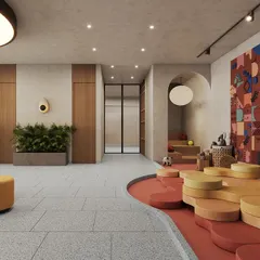 The children's play area in the Sanctum residential project in Ahmedabad. This space features a custom art wall and playful, modular seating to create an engaging environment for the youngest residents.
