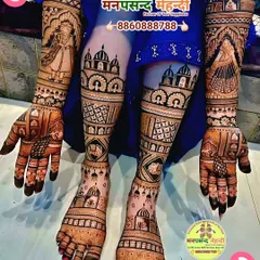 A complete bridal look, with stunningly intricate henna work covering the full arms and feet. This design features classic Rajasthani figures and architectural patterns, ensuring the bride looks perfect from every angle.