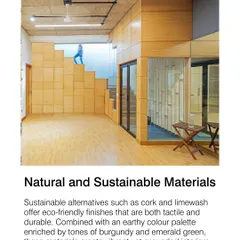 We use natural and sustainable materials like cork and bamboo to create interiors that are both tactile and durable. Combined with an earthy color palette, these materials create spaces that feel vibrant yet grounded.