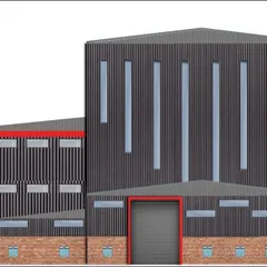 This is an architectural elevation for a massive steel factory in Bulandshahr, UP. The design for this 3.5-acre site features a 24-meter-high structure with a modern industrial aesthetic, using corrugated metal cladding and a brick base.
