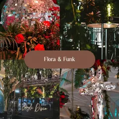 A mood board showcasing the 'Flora & Funk' concept. This theme combines lush botanicals with the sparkle of disco balls, creating a fun, glamorous, and unexpected party atmosphere.
