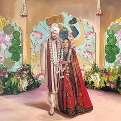 This finished acrylic portrait features a stunning Pichwai-inspired backdrop, blending traditional Indian art with a realistic depiction of the couple. It’s a perfect example of how I incorporate unique decor into a timeless wedding keepsake.