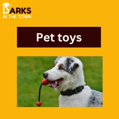A simple, clear graphic highlighting "Pet toys" as one of my key offerings. The image shows an Australian Shepherd actively playing with a tug-and-fetch toy, demonstrating the engaging nature of our products.