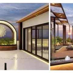 A 3D render for a terrace in Gurgaon, showcasing a design with a water feature, a pergola-covered seating area, and an arched decorative element. This is the first step in our design journey.